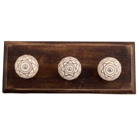 Cream Brown Pattern Etched Ceramic Wooden Hooks